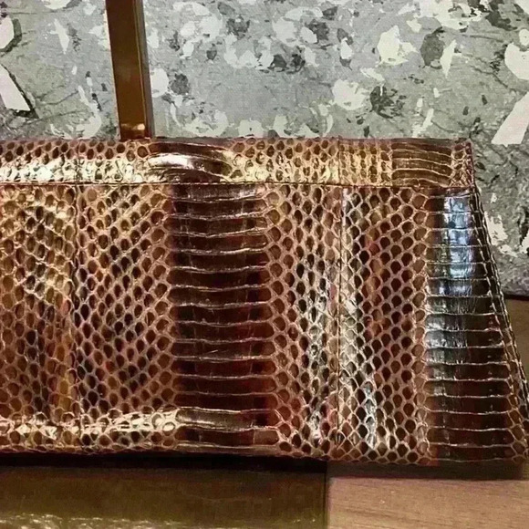 Charles David Leather Snakeskin Bronze Clutch Bag - Picture 9 of 16
